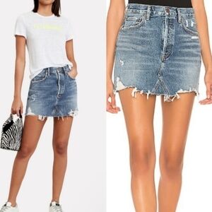 Agolde Quinn Button Fly Ripped Distressed Blue Jean Denim Raw Hem Mini Skirt 23
